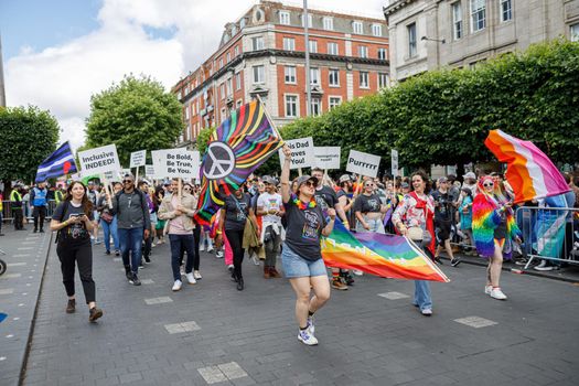 Dublin, Ireland, June 25th 2022. Ireland pride 2022 parade with people walking on one of the main city street. High quality photo