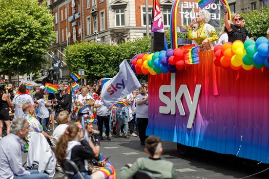 Dublin, Ireland, June 25th 2022. Ireland pride 2022 parade with people walking on one of the main city street. High quality photo