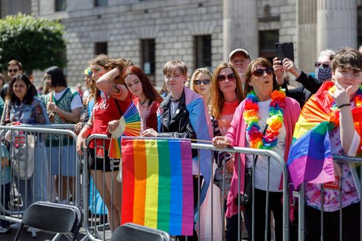 Dublin, Ireland, June 25th 2022. Ireland pride 2022 parade with people walking one one of the main city street. High quality photo