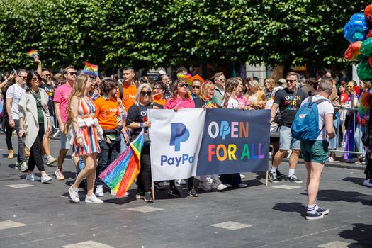 Dublin, Ireland, June 25th 2022. Ireland pride 2022 parade with people walking on one of the main city street. High quality photo