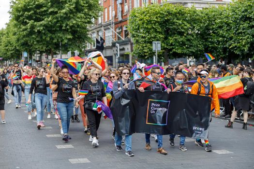 Dublin, Ireland, June 25th 2022. Ireland pride 2022 parade with people walking on one of the main city street. High quality photo