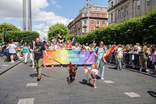 Dublin, Ireland, June 25th 2022. Ireland pride 2022 parade with people walking one one of the main city street. High quality photo