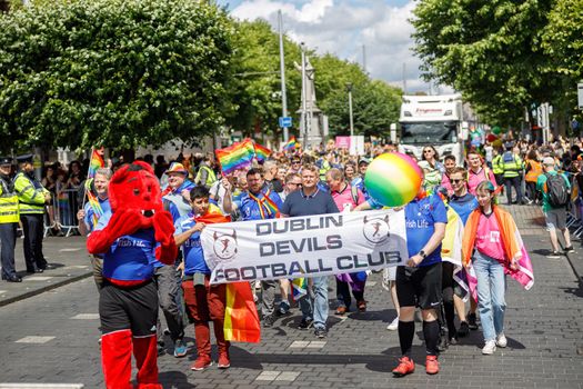 Dublin, Ireland, June 25th 2022. Ireland pride 2022 parade with people walking on one of the main city street. High quality photo