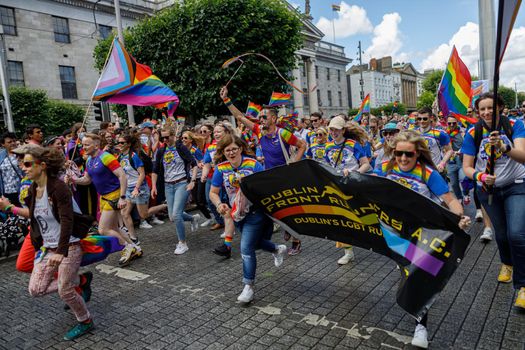 Dublin, Ireland, June 25th 2022. Ireland pride 2022 parade with people walking on one of the main city street. High quality photo