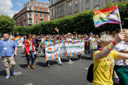 Dublin, Ireland, June 25th 2022. Ireland pride 2022 parade with people walking one one of the main city street. High quality photo