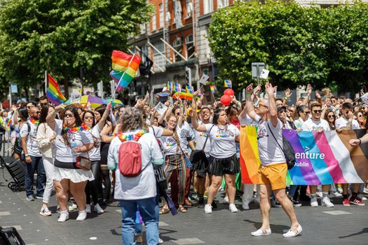 Dublin, Ireland, June 25th 2022. Ireland pride 2022 parade with people walking on one of the main city street. High quality photo