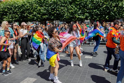 Dublin, Ireland, June 25th 2022. Ireland pride 2022 parade with people walking on one of the main city street. High quality photo