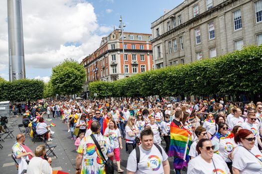 Dublin, Ireland, June 25th 2022. Ireland pride 2022 parade with people walking on one of the main city street. High quality photo