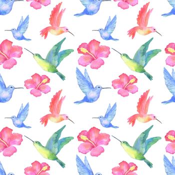 Seamless pattern. Watercolor tropical hummingbird and flower hibiscus isolated on white background.