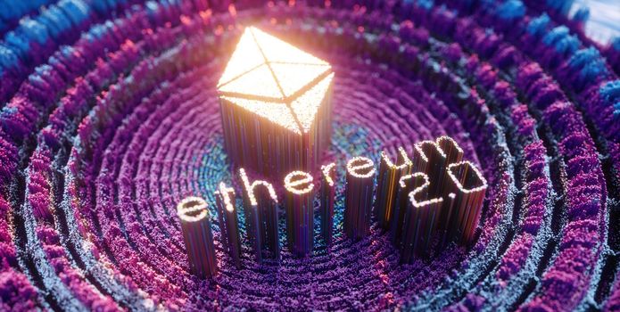 Ethereum 2.0 Digital Art Logo Symbol. Cryptocurrency Futuristic 3D Illustration. Proof-of-Stake PoS consensus, sharding, staking