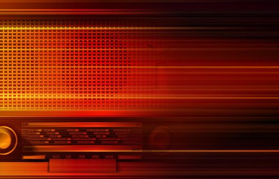 abstract blurred music background with retro radio on red