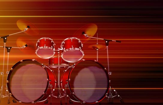 abstract blurred music background with drum kit on red