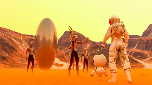 Astronaut and small robot facing a strange egg-shaped object and aliens at the spacewalk on a desert planet - 3d rendering