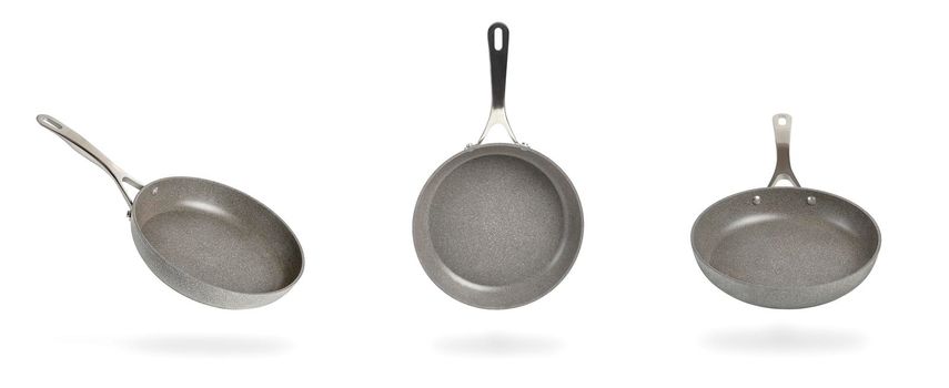 Gray frying pan isolated on white background. Frying non-stick frying pan made of titanium and granite. Isolate with shadow.