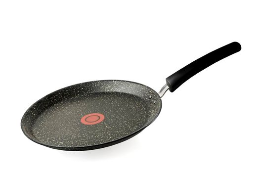 Black frying pan isolated on white background. Frying pan with non-stick coating and red temperature indicator. Isolate with shadow.