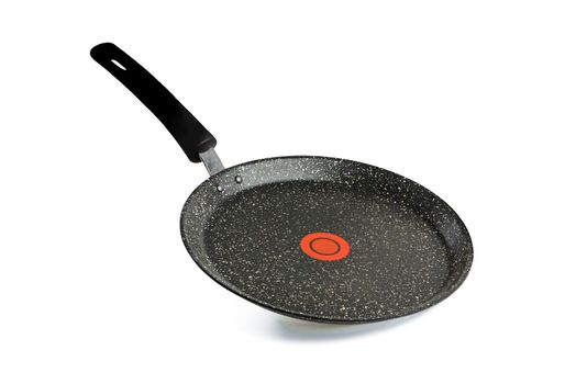 Black frying pan isolated on white background. Frying pan with non-stick coating and red temperature indicator. Isolate with shadow.