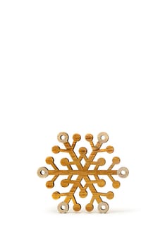 Snowflake on a white background. Wooden snowflakes cast shadow on white isolated background. Printable banner, mockup for christmas card, place for text.