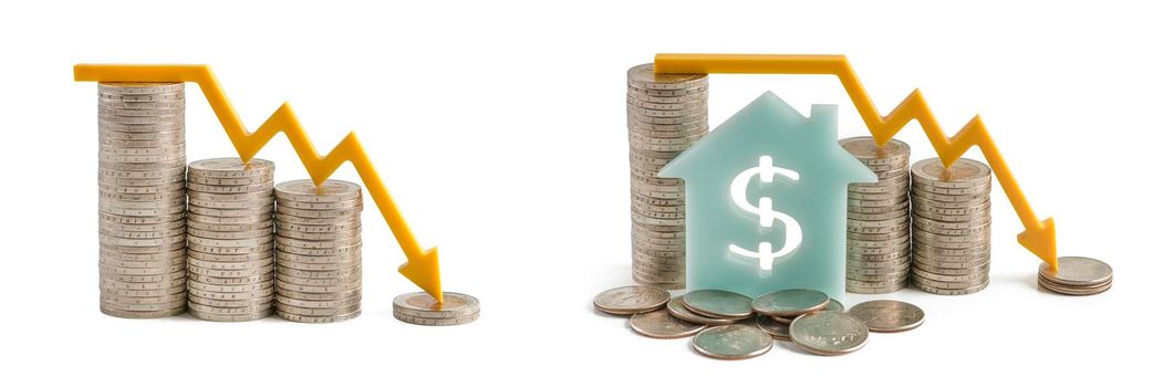 Inflation and the economic crisis. Financial market crash isolate on white background. House with a dollar sign. The yellow arrow on the chart points downward. Build a graph from stacks of coins.