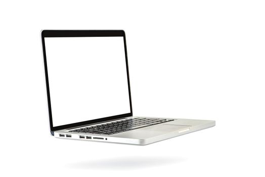 A laptop hovers in the air casting a shadow on a white isolated background. White screen for copy space. Computer isolated on white background.