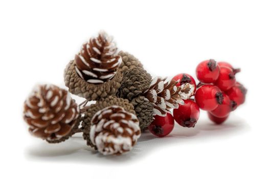 Christmas decoration , isolate on white, cones and red berries are laid out on a white background. For print, postcard, design with place for text