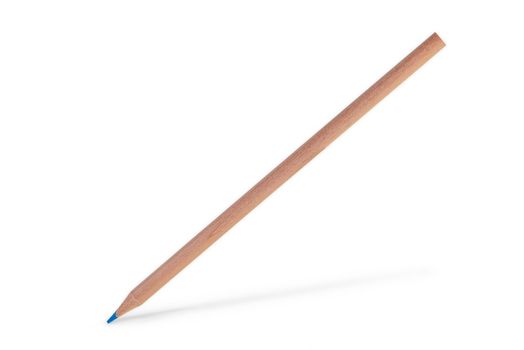 A blue pencil hovers against a white background casting a shadow. Pencil isolate on white.