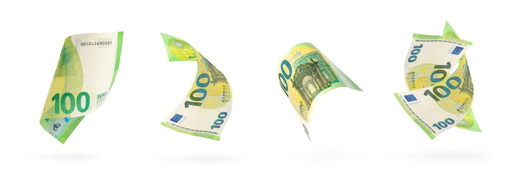 One hundred euro banknote set isolated on white background. European money folded in half, close-up of money casts a shadow