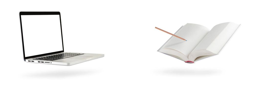 A laptop hovers in the air casting a shadow on a white isolated background. White screen for inserting copies. Set of notebook and blank books isolated on white background.