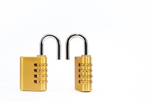 Code lock. Close-up of a combination lock with chrome numbers on a white background. Security concept.