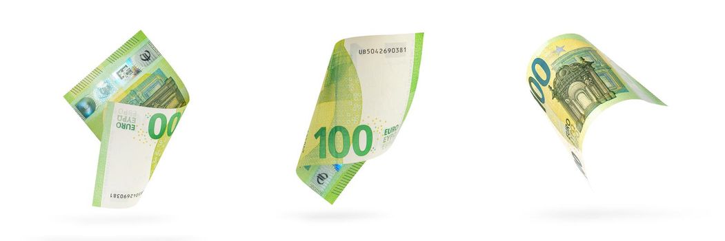 One hundred euro banknote set isolated on white background. European money folded in half, close-up of money casts a shadow