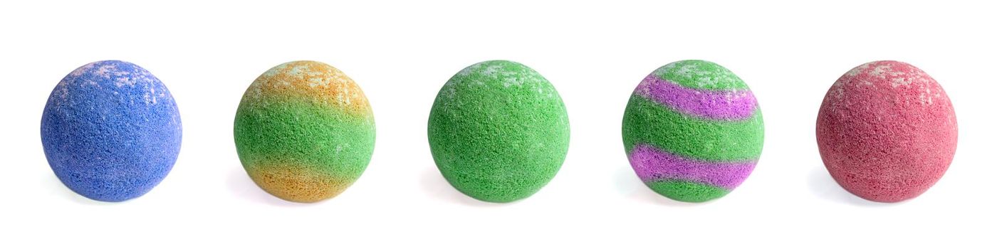 Set of aromatic bath bombs on a white background. aromatic bath balls of different colors