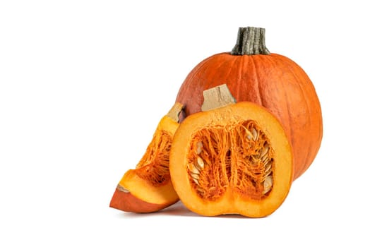 Pumpkin on a white background. Halloween theme. Sliced pumpkin on a white isolate. Highlight the pumpkin to insert into your project or design. Casts a shadow.