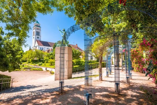 Town of Kehl flower garden Park and church view, Baden Wurttemberg region of Germany