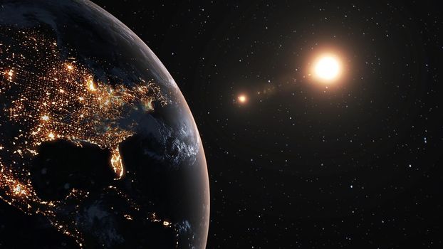Planet earth with realistic geography surface and orbital 3D cloud atmosphere . Outer space view of world globe sphere of continents . 3D rendering graphic . Elements of this image furnished by NASA .