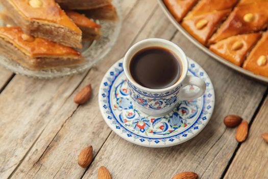 A cup of Turkish coffee and baklava. Selective focus. Drink.