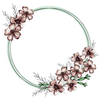 Cute Wreath with Flowers, Leaves and Branches Drawn by Colored Pencils. Hand Drawn Circle Frame for Your Text on White Background.