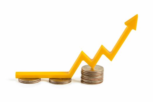 Inflation rising prices. Financial market growth isolate on white background. The yellow arrow on the chart points up. Build a graph on stacks of coins.