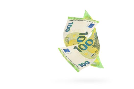 One hundred euro banknote isolated on white background. European money folded in half, close-up of money casts a shadow. Two euro banknotes intertwined in the air.