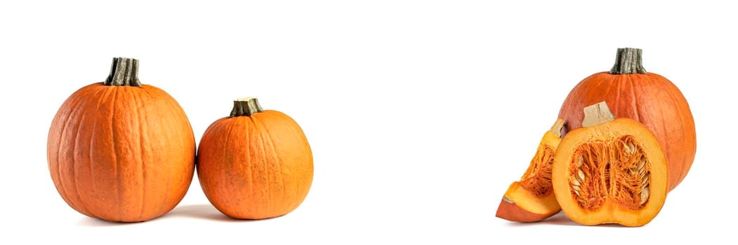 Pumpkin on a white background. Halloween theme. Highlight the pumpkin on white to insert into your project or design. Set of images, whole pumpkin and cut into pieces on white. Casts a shadow.