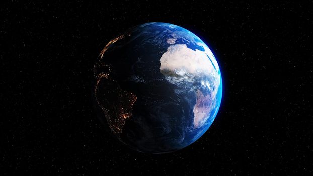 Planet earth with realistic geography surface and orbital 3D cloud atmosphere . Outer space view of world globe sphere of continents . 3D rendering graphic . Elements of this image furnished by NASA .