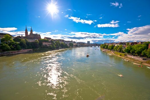 Rhine river in Basel view from the bridge, northwestern Switzerland