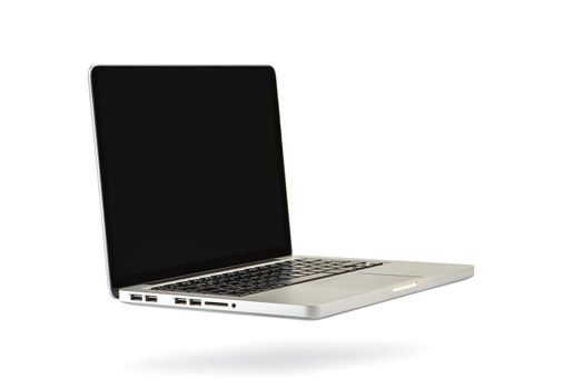 A laptop hovers in the air casting a shadow on a white isolated background. White screen for copy space. Computer isolated on white background.