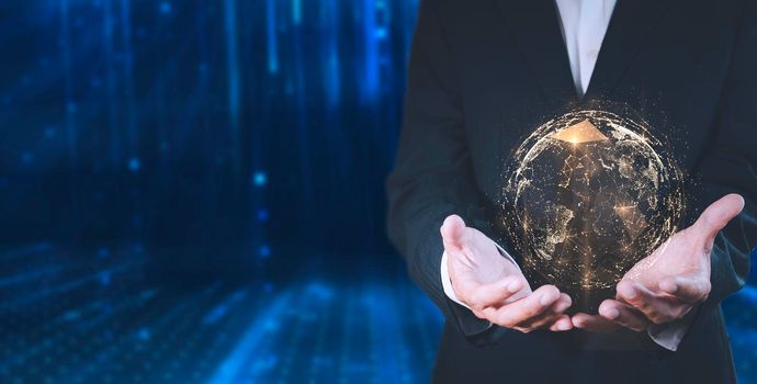 Businesman are using innovative technology. Mixed media, digital concepts and connecting the world. Businessman holding in hand with global connection concept.