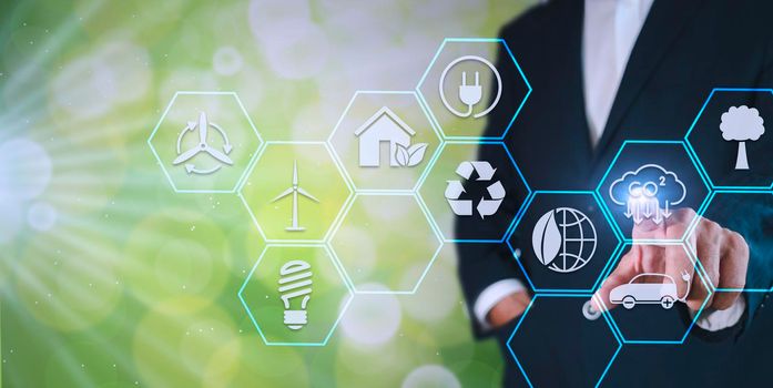 Symbol of protecting the planet from global warming and climate change. Development into business for environment from renewable energy Reduce fuel consumption, reduce greenhouse effect, plant trees