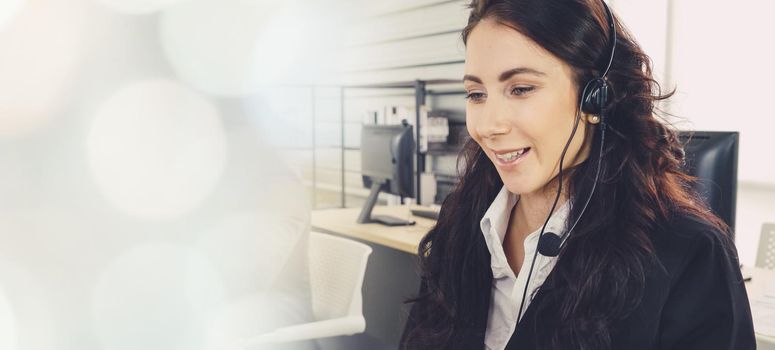 Business people wearing headset working in office to support remote customer or colleague. Call center, telemarketing, customer support agent provide service in broaden view .