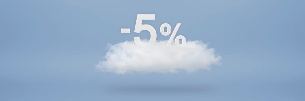 Discount 5 percent. Big discounts, sale up to five percent. 3D numbers float on a cloud on a blue background. Copy space. Advertising banner and poster to be inserted into the project.