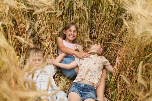 Children play in the barley field
