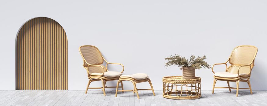 Mock up poster with rattan furniture in modern interior background 3D render 3D illustration