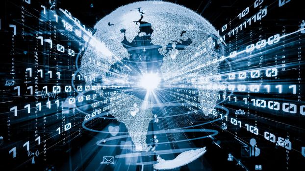 Futuristic global social media, people network and tacit digital data sharing . Concept of smart digital transformation and technology disruption that changes global trends in new information era .