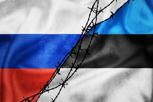 Grunge flags of Russian Federation and Estonia divided by barb wire illustration, concept of tense relations between west and Russia