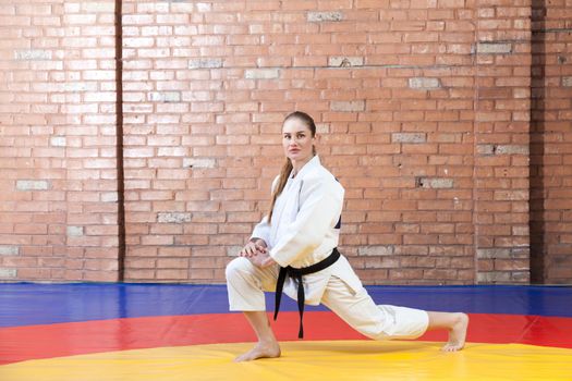 Beautiful athletic karate woman in white kimono with black belt in fighting stance looking at camera. Japanese martial arts concept. Indoor, studio shot, brown bricked wall background